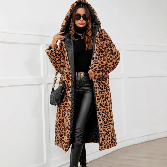 Autumn Winter Leopard Print Coat Cold Proof Plush Long Ladies Hooded Faux Fur Coat Top Trench Coat