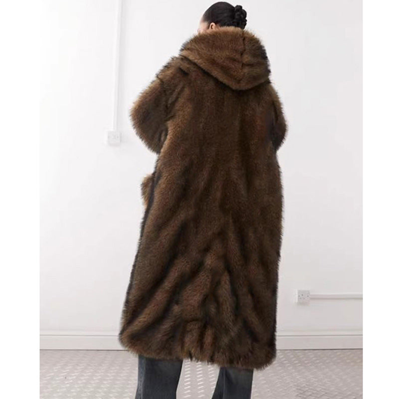 Women Fur Coat Winter Warm Faux Fur Coat Young Wolf Fur Color Hooded Warm Trench Coat