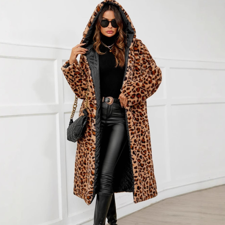 Autumn Winter Leopard Print Coat Cold Proof Plush Long Ladies Hooded Faux Fur Coat Top Trench Coat
