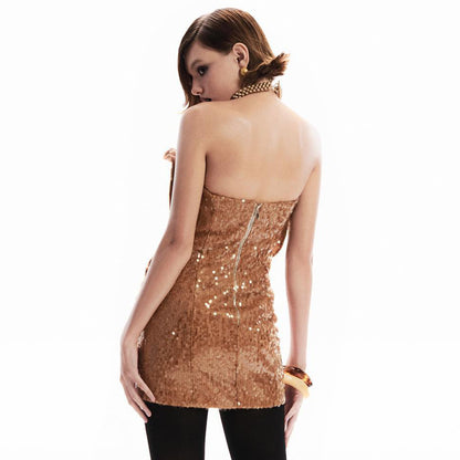 Premium Brown Sequined Evening Dress Three Dimensional Floral Ruffled Design Star Same Slim Fit Dress